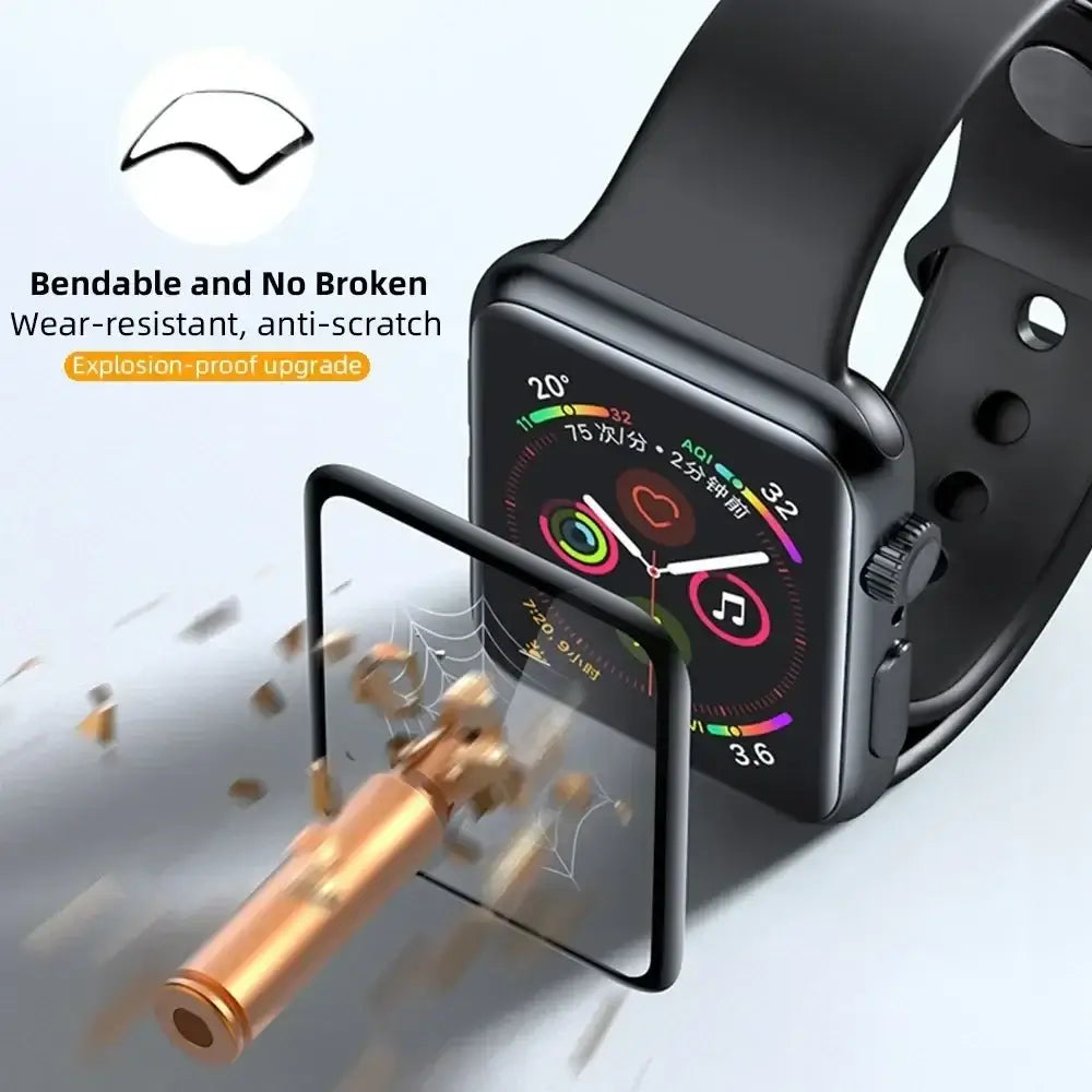 Smartwatch with a protective screen and text highlighting features on a white background