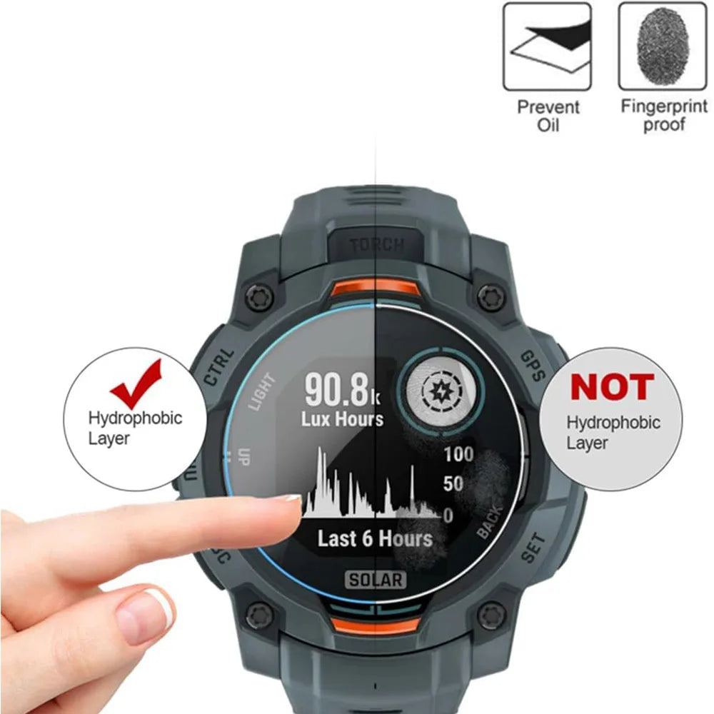 Garmin Instinct 3 AMOLED/Solar – Hydrophobic screen protector feature demonstrated on watch