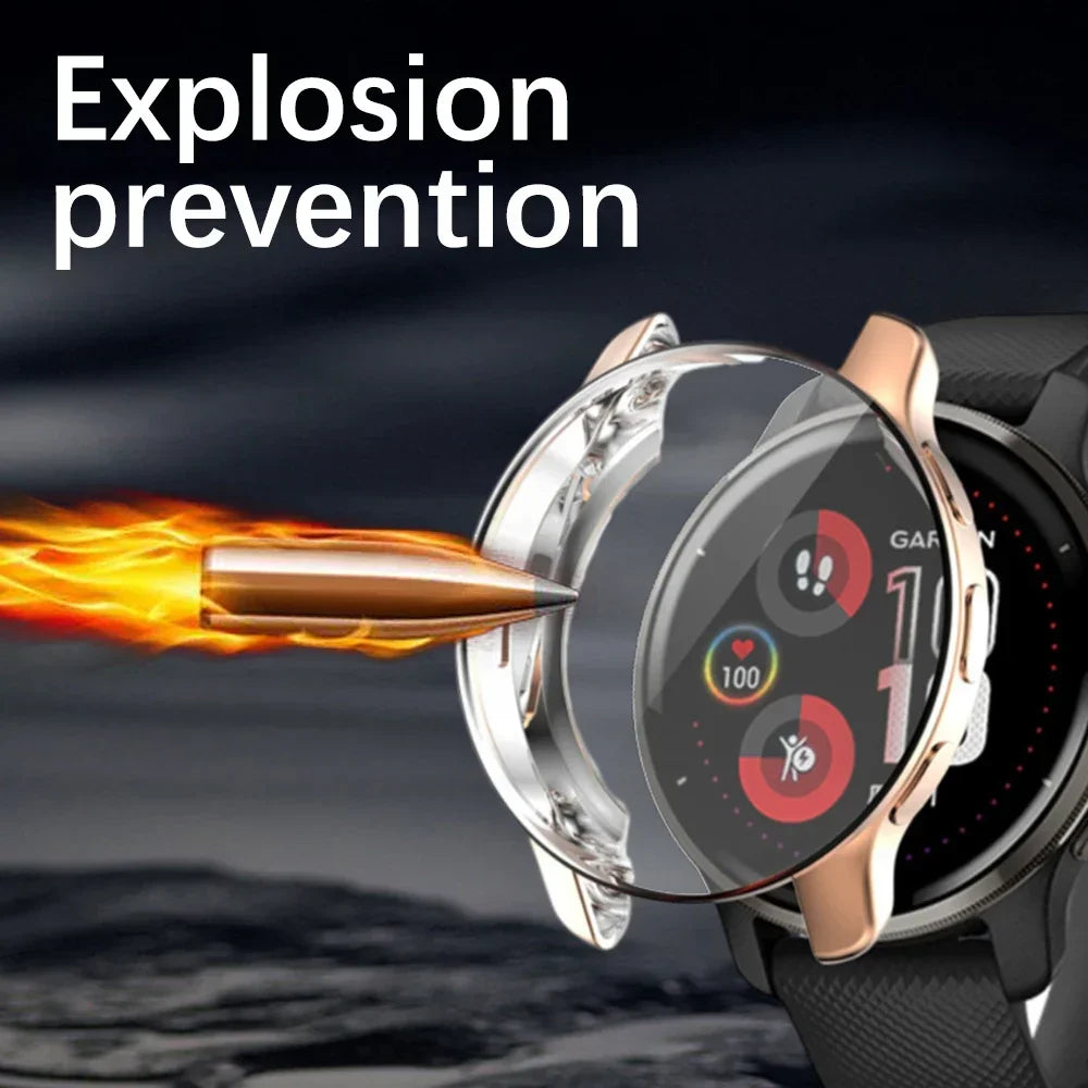 AXYON® Garmin Venu 3 tempered glass and PC bumper case demonstrating explosion prevention feature, showing protection against high-impact object