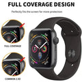 Smartwatch with a black band displaying a colorful screen, surrounded by text about full coverage design.