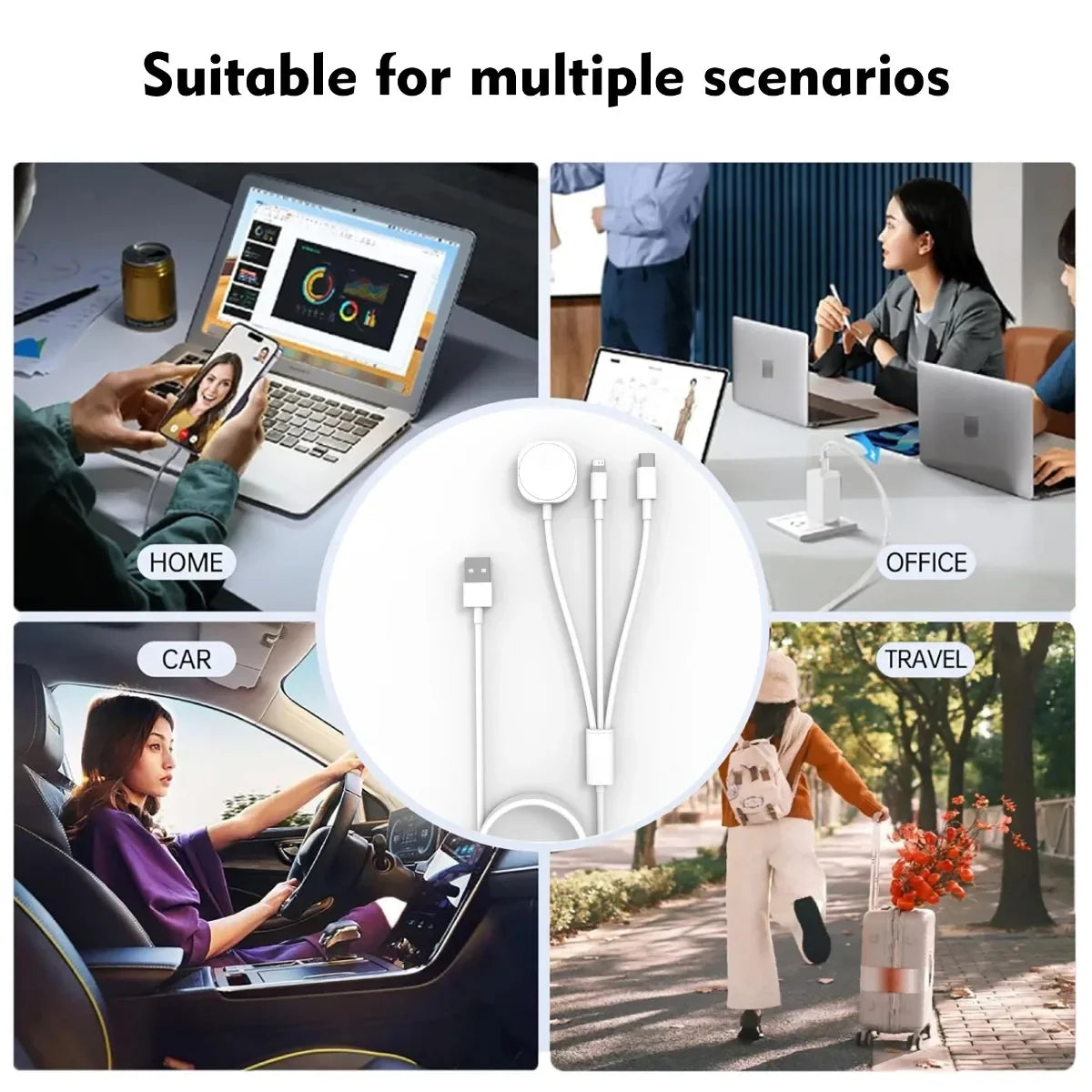 Earphones with cable displayed in front of various scenarios including home, office, car, and travel.