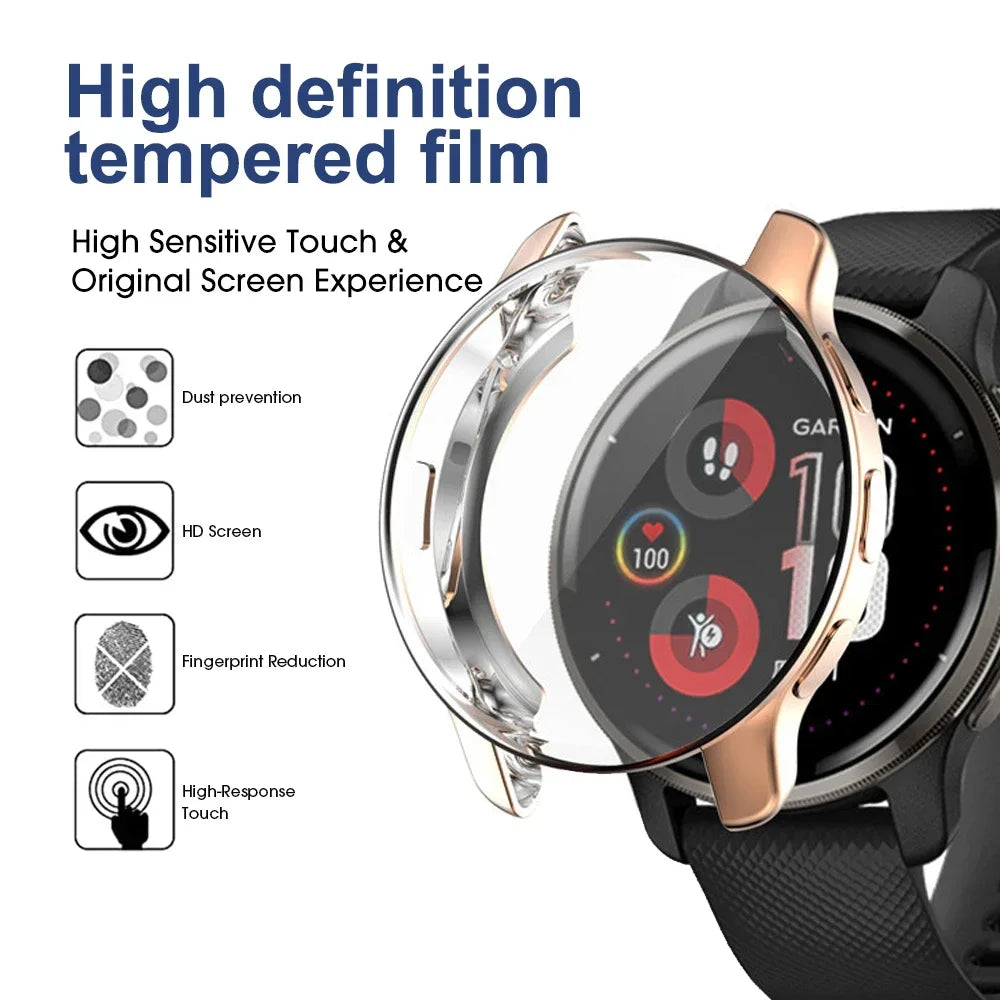 AXYON® high definition tempered glass and PC case for Garmin Venu 3 smartwatch, highlighting dust prevention, HD screen, fingerprint reduction, and high-response touch features.
