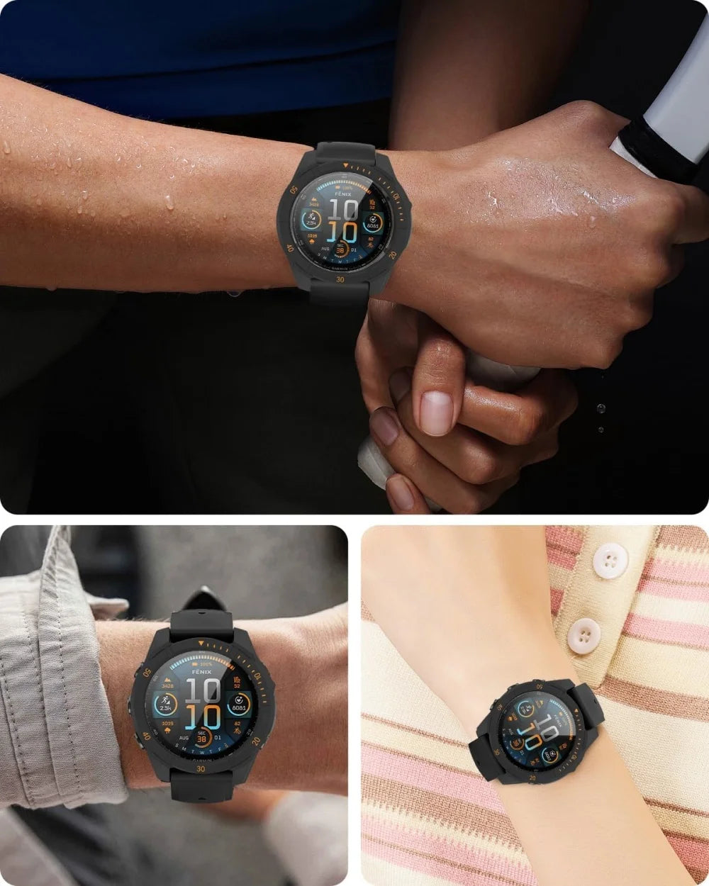 Black smartwatch on wrist with close-up shots of different individuals wearing it.