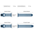Measurement chart of a blue watch band with size options and dimensions.
