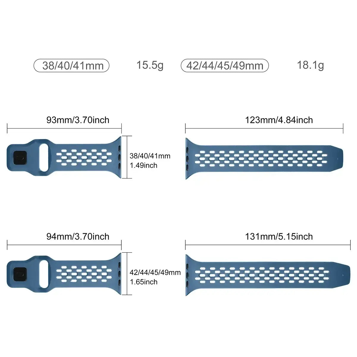Measurement chart of a blue watch band with size options and dimensions.