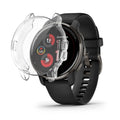 AXYON® clear tempered glass and PC bumper case positioned above Garmin Venu 3 smartwatch with black band, clearly showing transparent design and edge coverage.
