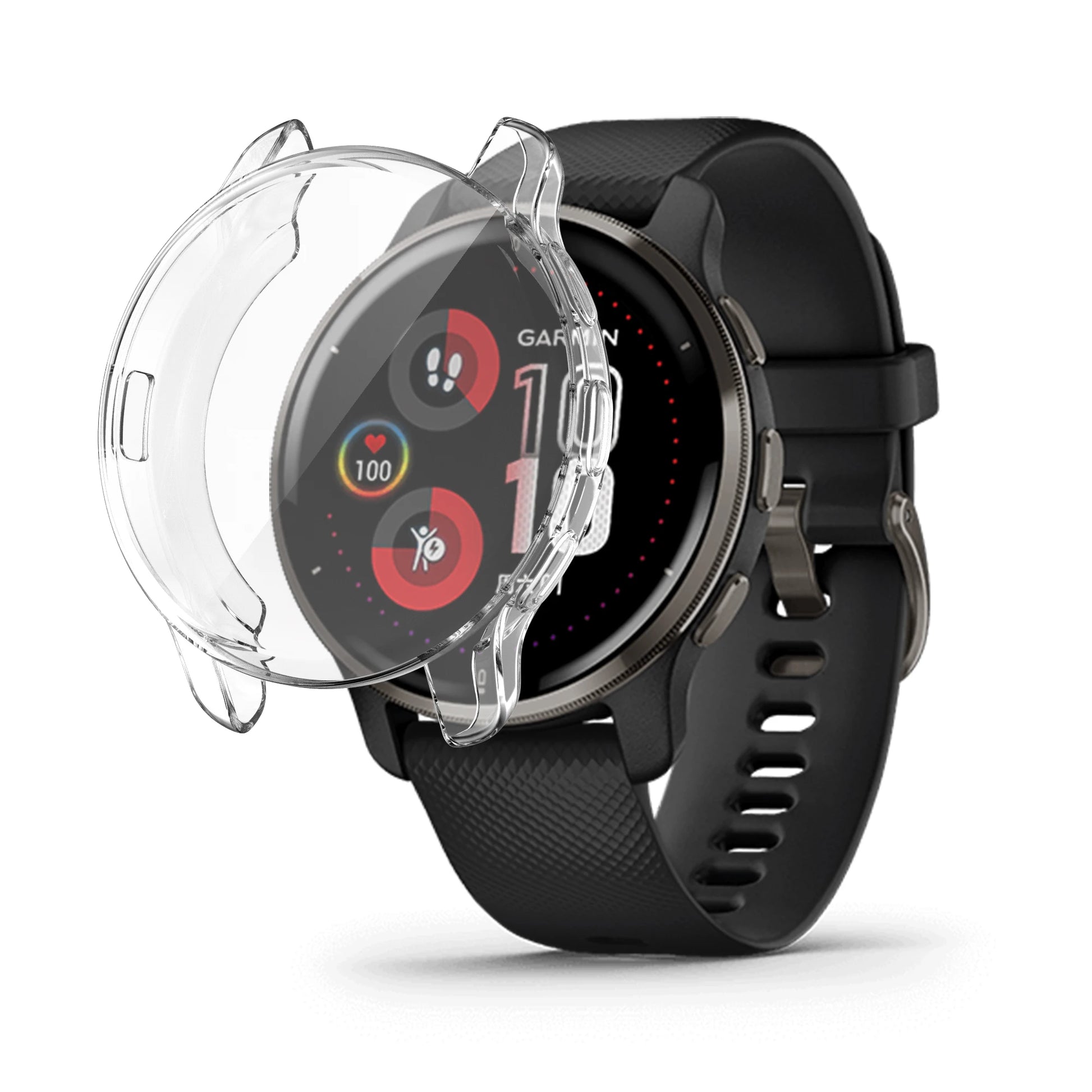 AXYON® clear tempered glass and PC bumper case positioned above Garmin Venu 3 smartwatch with black band, clearly showing transparent design and edge coverage.