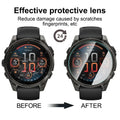 Smartwatch with and without a protective lens, showing before and after effects.