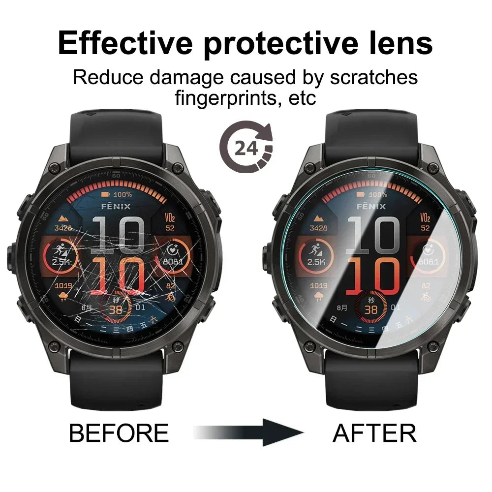 Smartwatch with and without a protective lens, showing before and after effects.