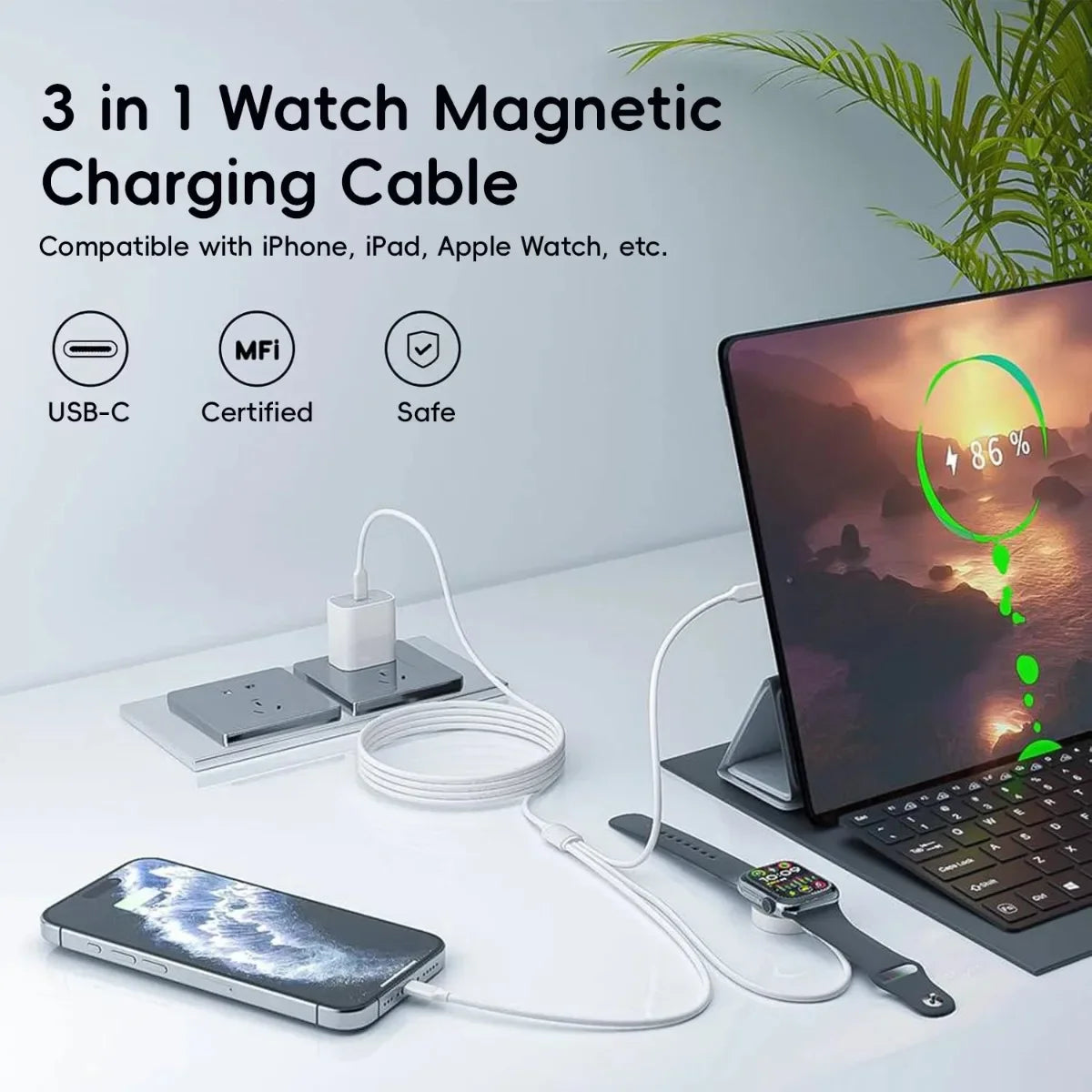 3-in-1 watch magnetic charging cable with smartphone, laptop, and smartwatch on a white surface.