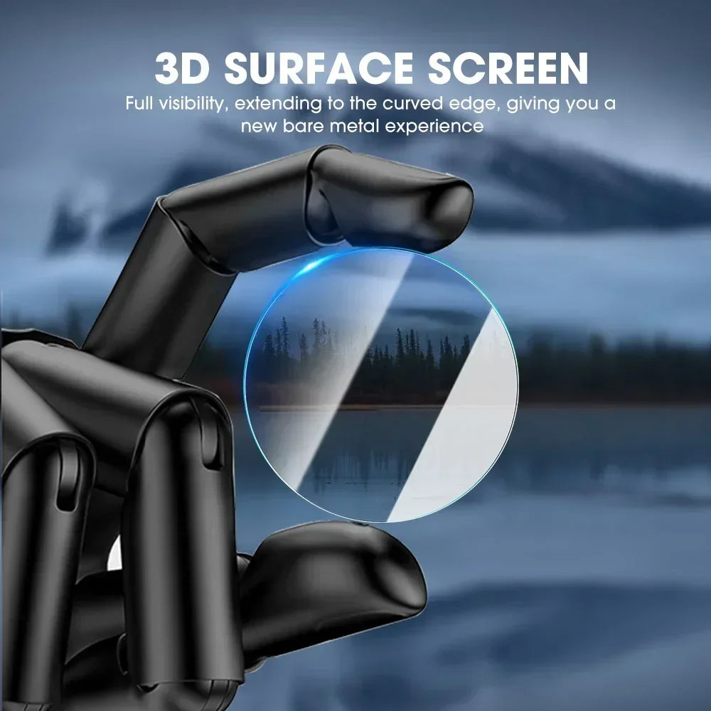 3D surface screen with black frame and curved glass on a blurred background