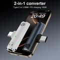 2-in-1 converter with Type-C to 3.5mm and PD charging features on a smartphone.