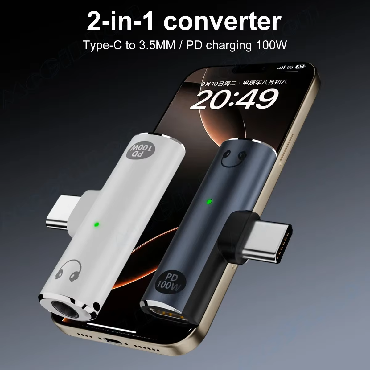 2-in-1 converter with Type-C to 3.5mm and PD charging features on a smartphone.