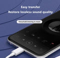 Phone with a charging cable on a blue textured background, featuring text about easy transfer and sound quality.