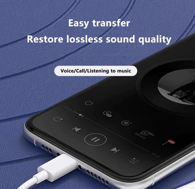 Phone with a charging cable on a blue textured background, featuring text about easy transfer and sound quality.