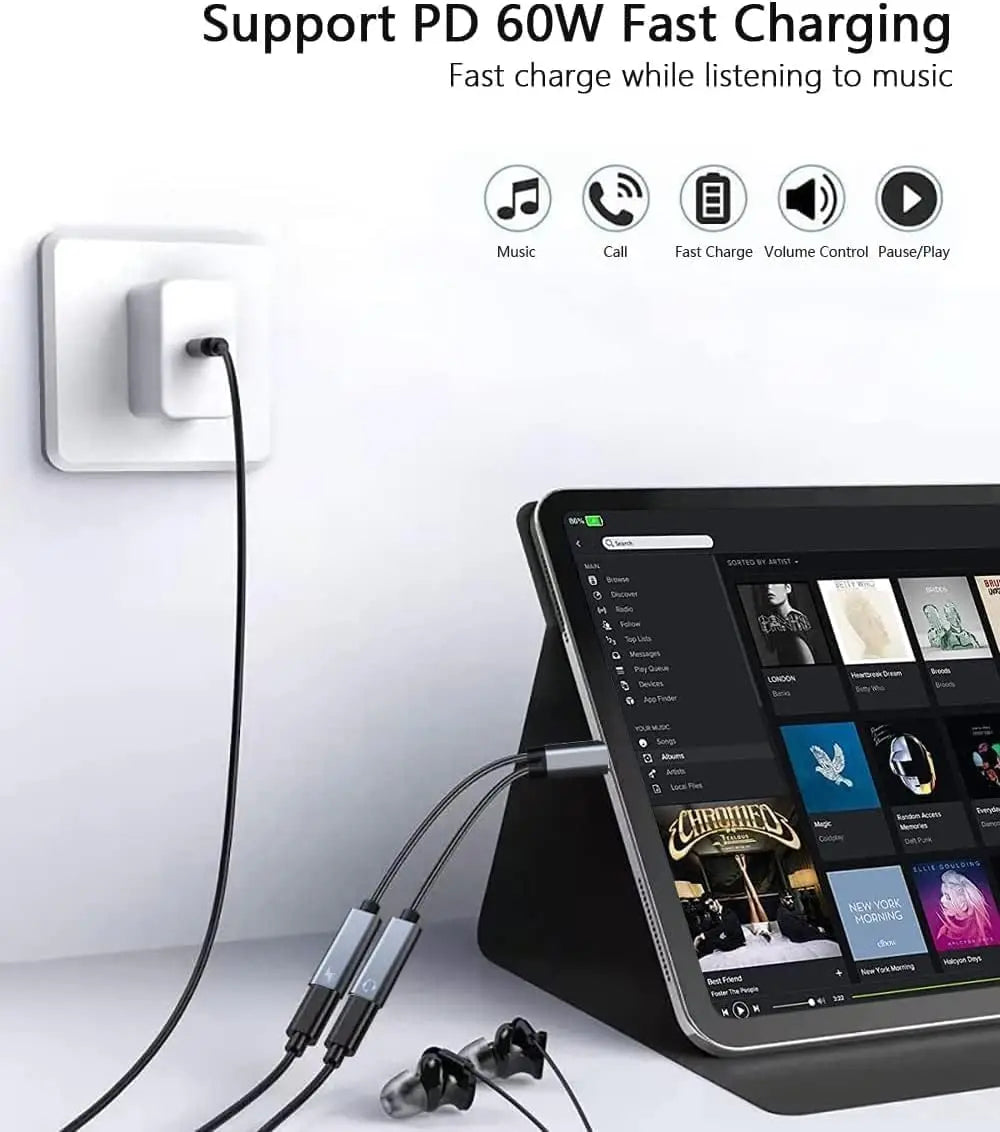 60W PD fast charging USB-C adapter powering an iPhone while USB-C earphones are plugged in