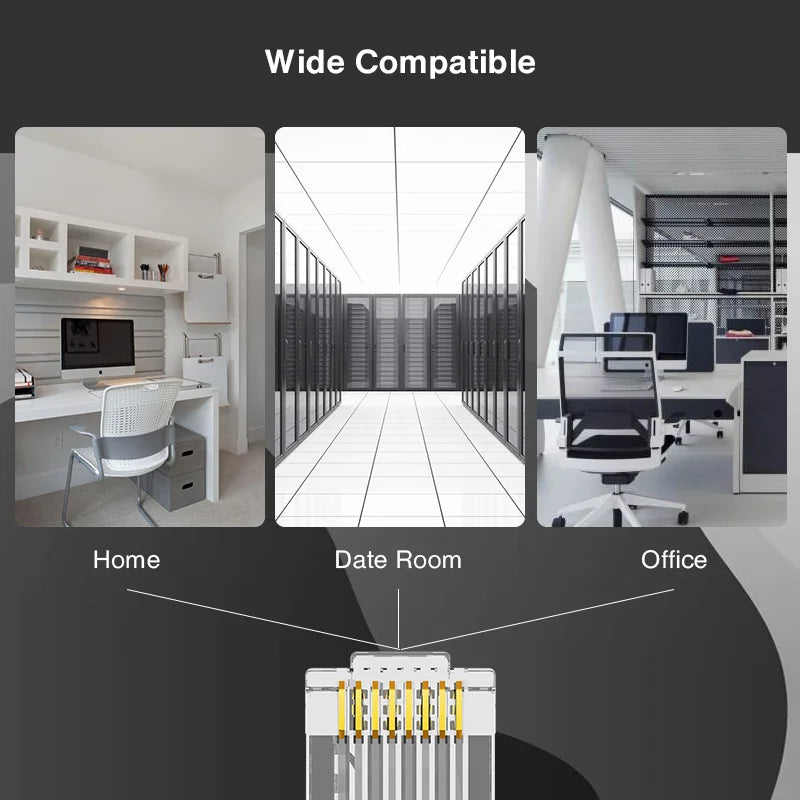 AXYON Cat6 shielded FTP connectors wide compatibility applications diagram showing use in home offices, data centers, and commercial office environments with networking infrastructure