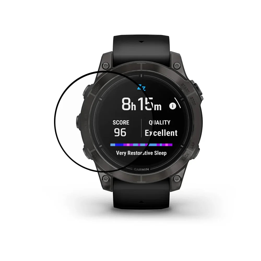 Hands applying AXYON® soft film screen protector to Garmin Fenix 8 watch