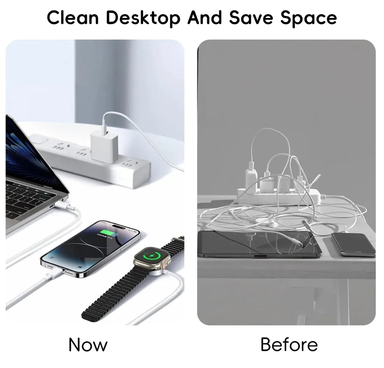 Comparison of a clean desk setup with electronic devices and a cluttered desk setup with tangled cables.
