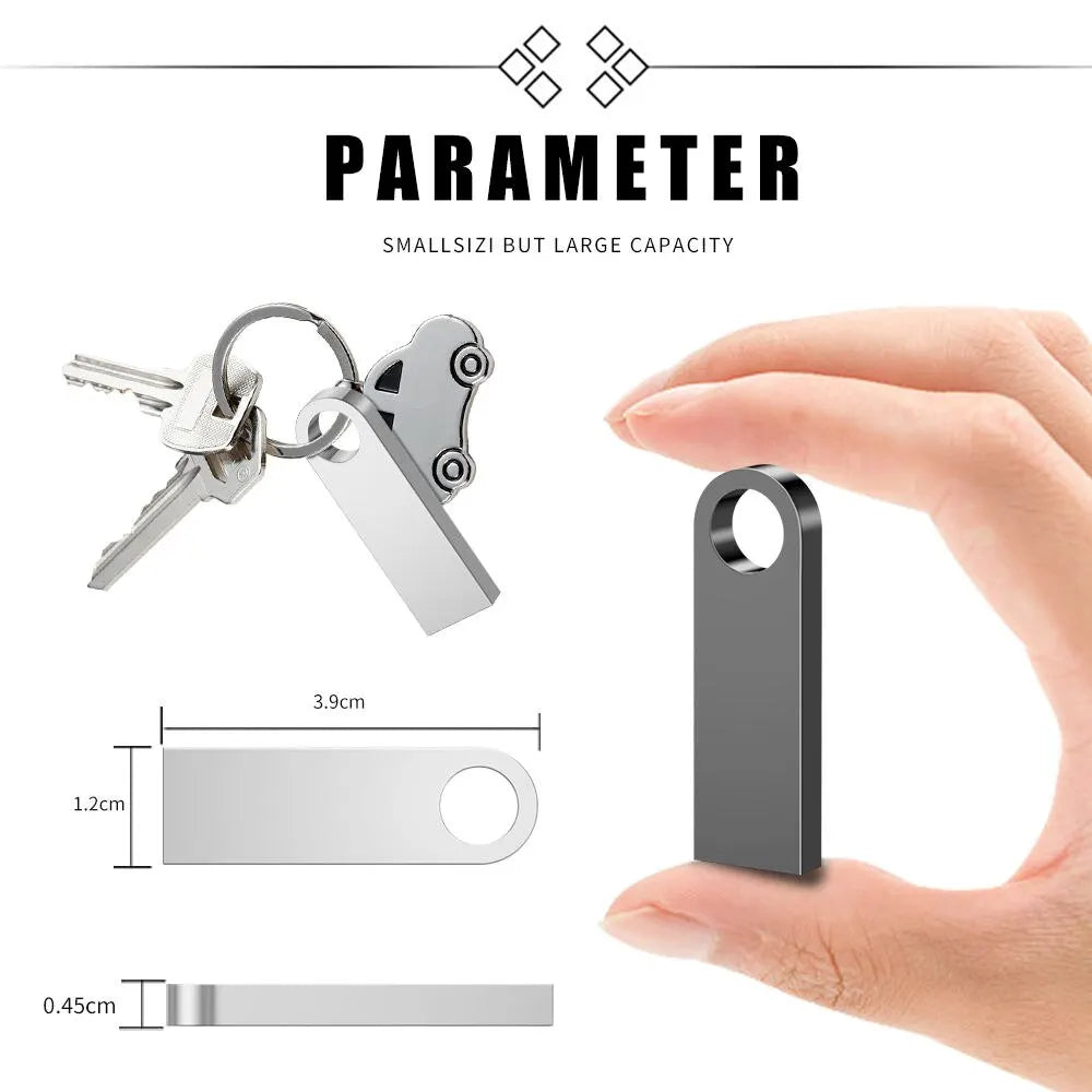 Small metal keychain with dimensions displayed, held by a hand.