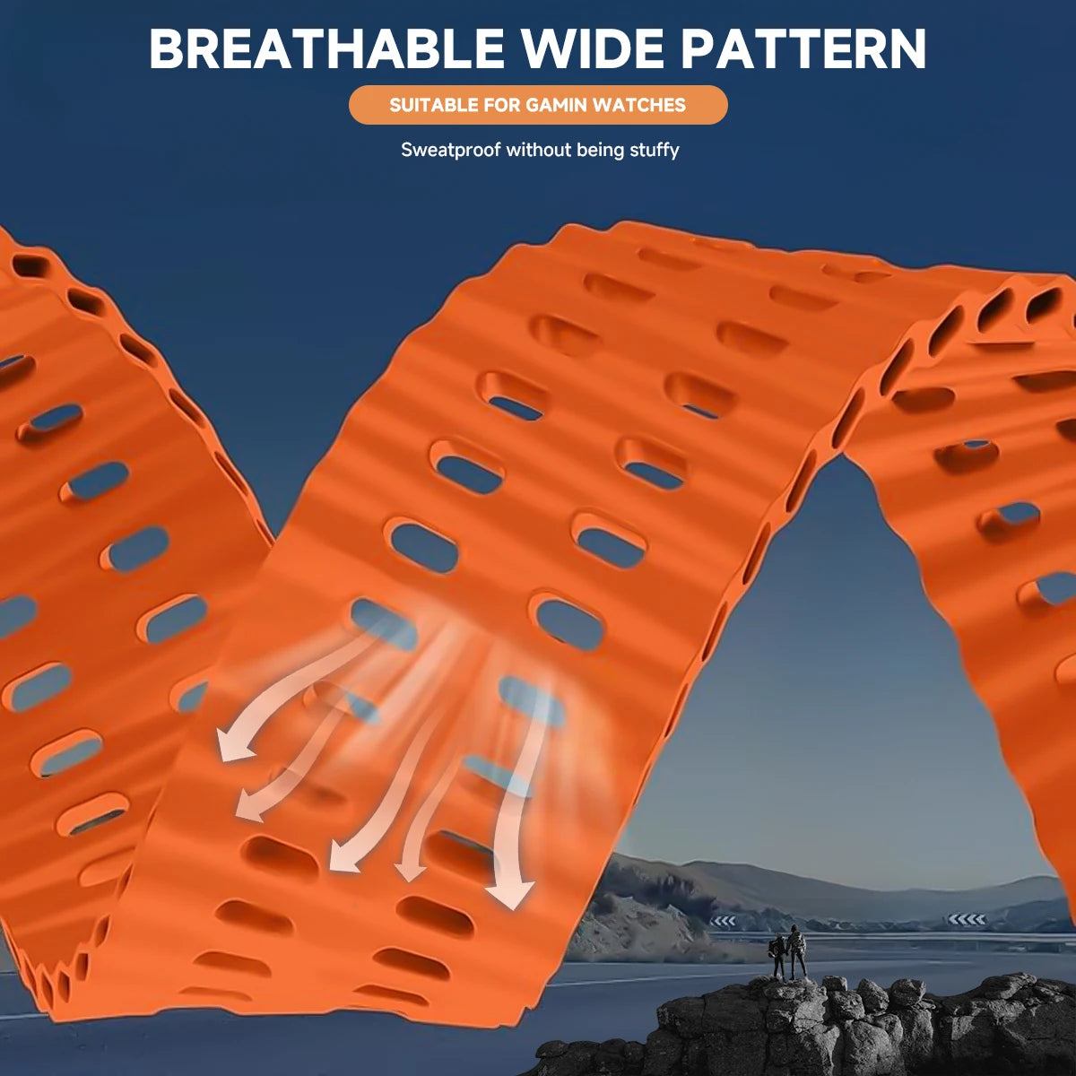 Orange breathable wide pattern material with a scenic background