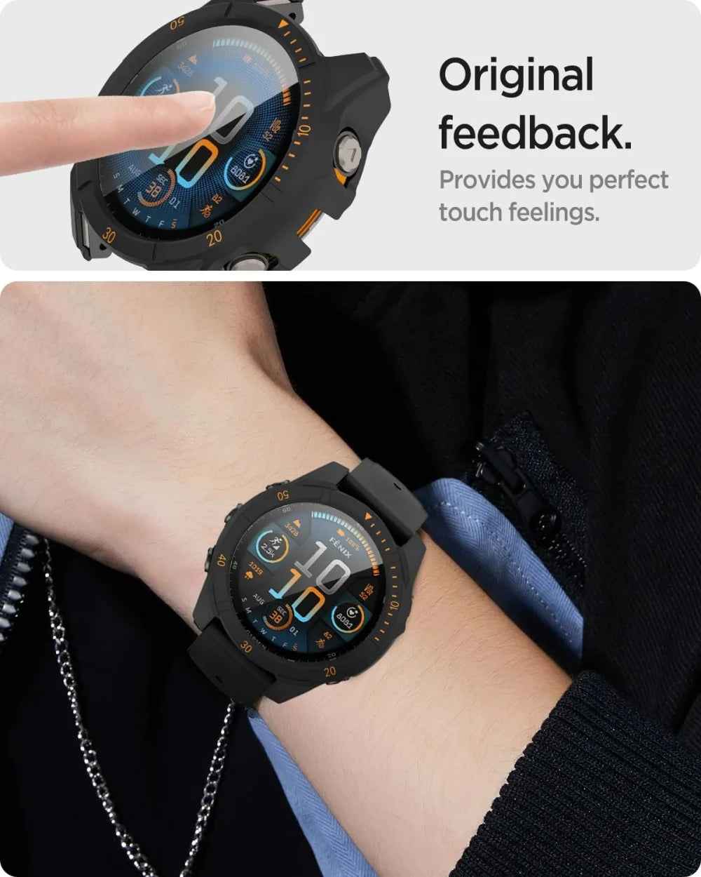 Smartwatch on a wrist with text about touch feedback