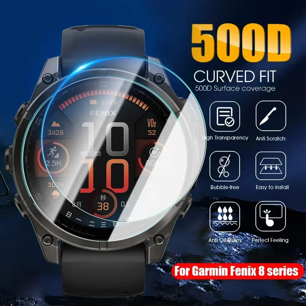 Smartwatch with a protective screen overlay on a dark blue background, featuring text and icons about the product's features.