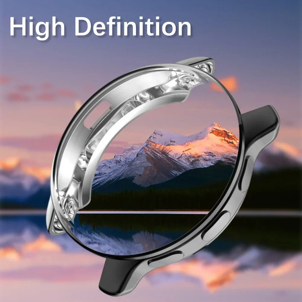 AXYON® Garmin Venu 3 high definition tempered glass and PC case, showcasing crystal clear screen protector with mountains and lake reflected in the background