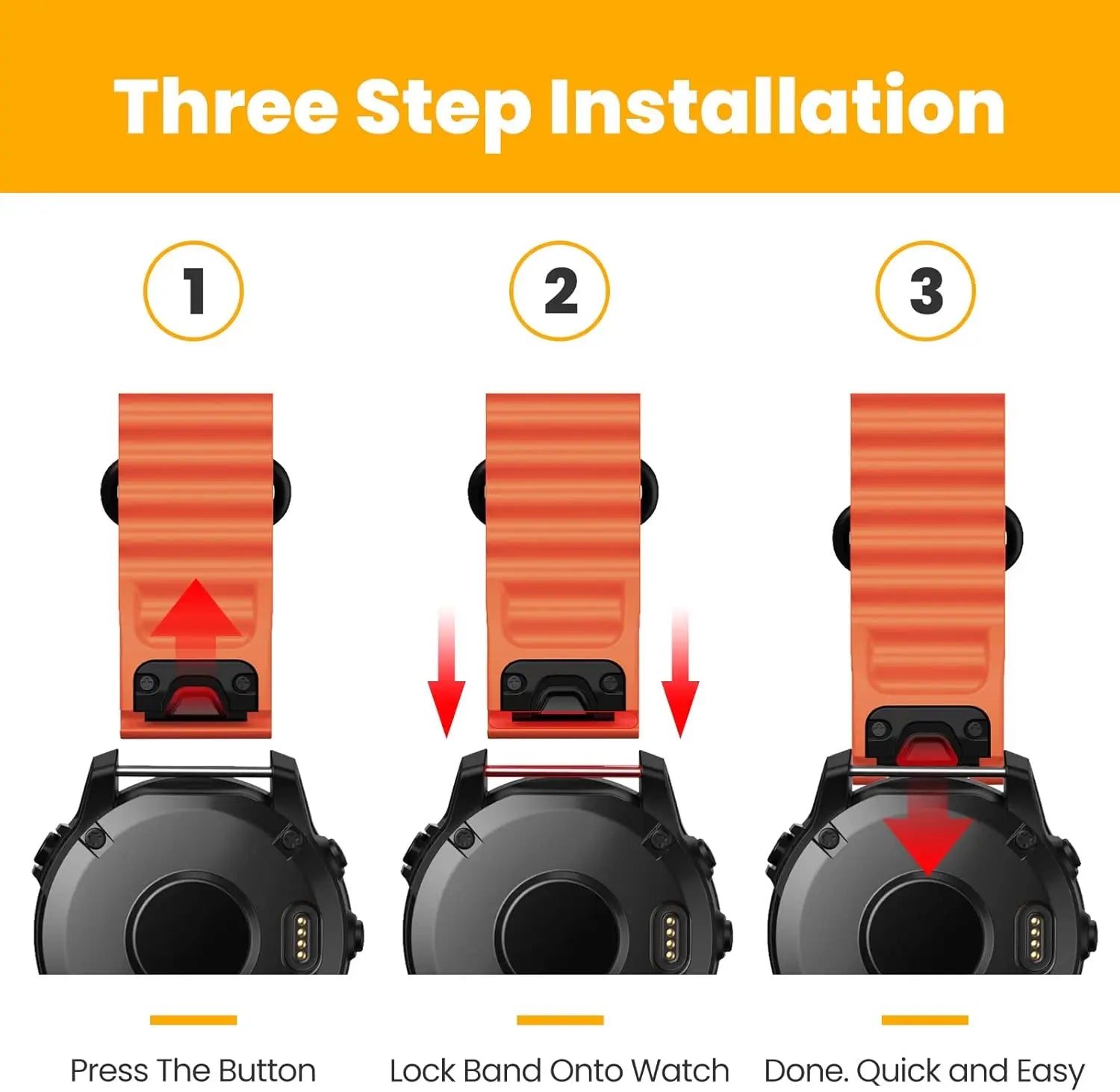 AXYON QuickFit Silicone Strap for Garmin smartwatch in black, orange, and white – available in 22mm and 26mm sizes; premium silicone, waterproof, and sweat-resistant, suitable for sports and everyday wear