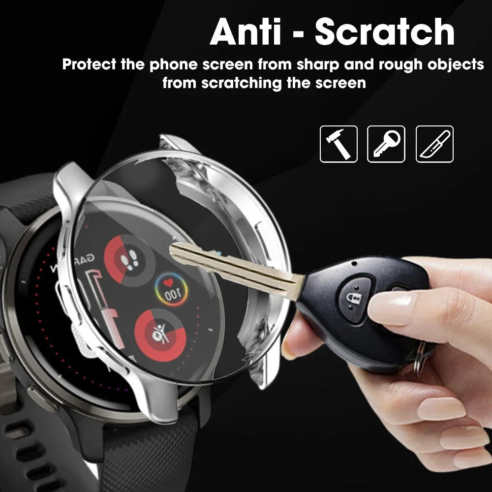 AXYON® Garmin Venu 3 tempered glass and PC bumper case protecting smartwatch screen from scratches caused by keys and other sharp objects