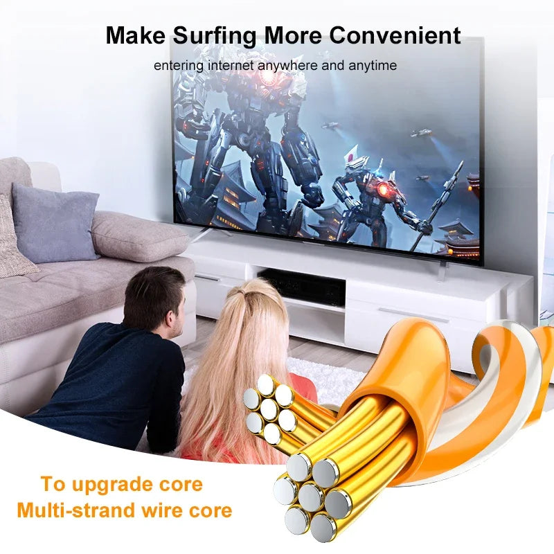 Two people watching a movie on a TV with a cable in the foreground.