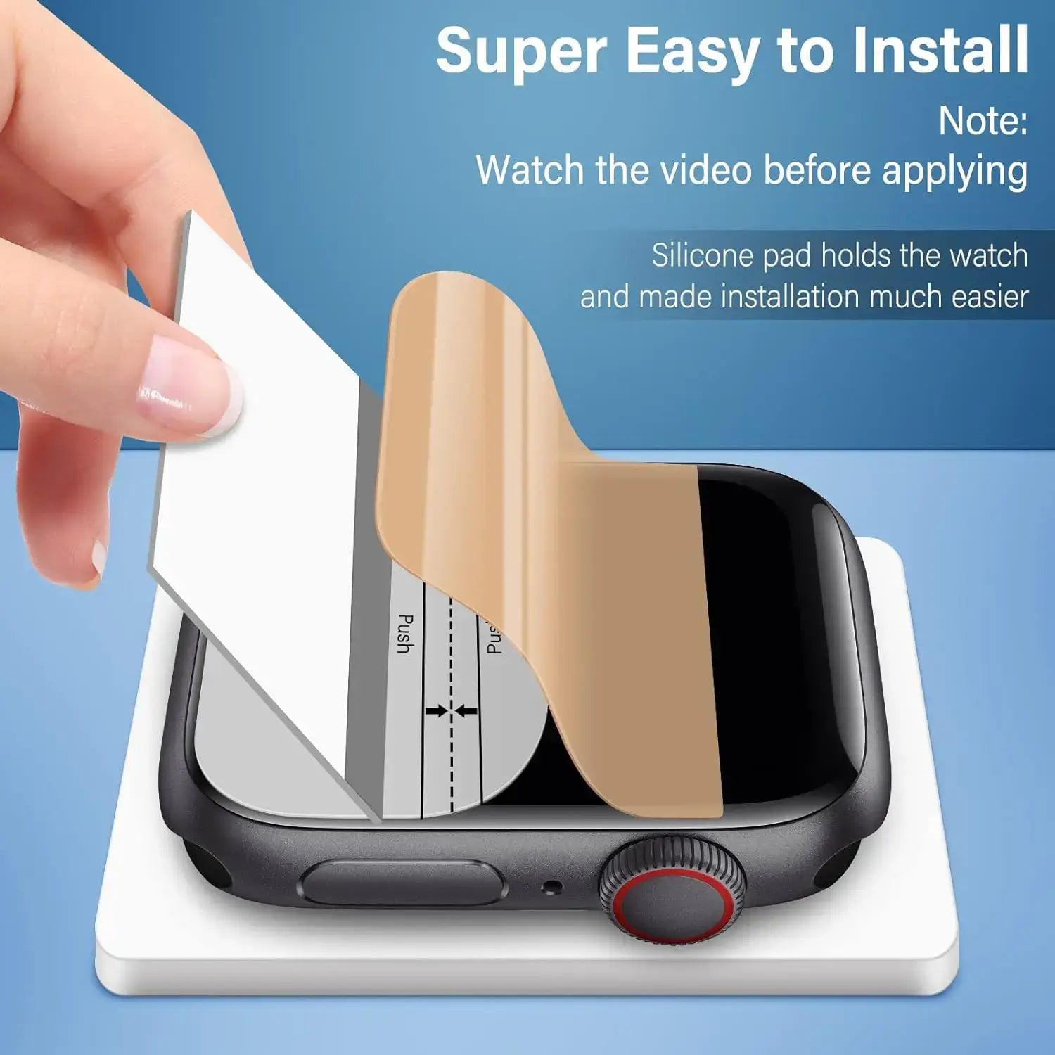 Hand applying a silicone pad to a smartwatch with text on an easy installation process.