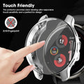 AXYON® Garmin Venu 3 tempered glass and PC bumper case showing touch friendly design with anti-fingerprint protection, illustrated by a finger interacting with the smartwatch screen