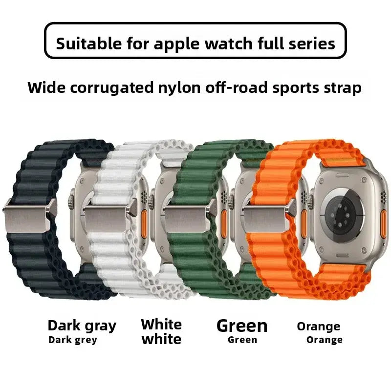 Four watch bands in dark gray, white, green, and orange with text indicating compatibility for Apple Watch and material details.