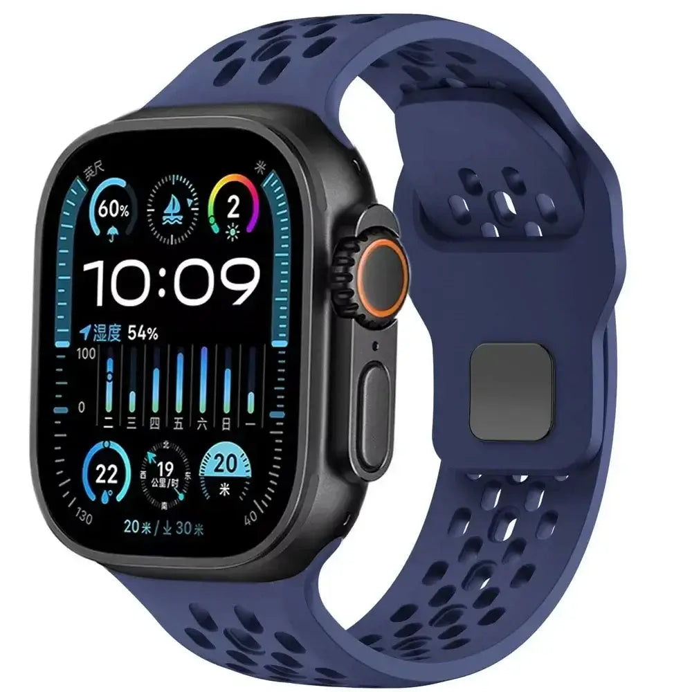 Smartwatch with a blue perforated band on a white background