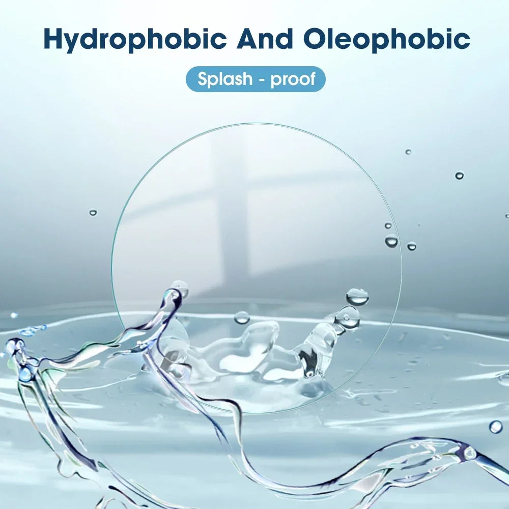 Glass surface with water droplets and text 'Hydrophobic And Oleophobic' on a blue gradient background