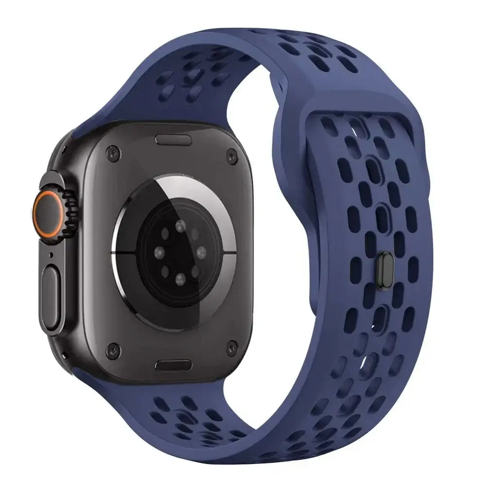 Smartwatch with a blue perforated band on a white background