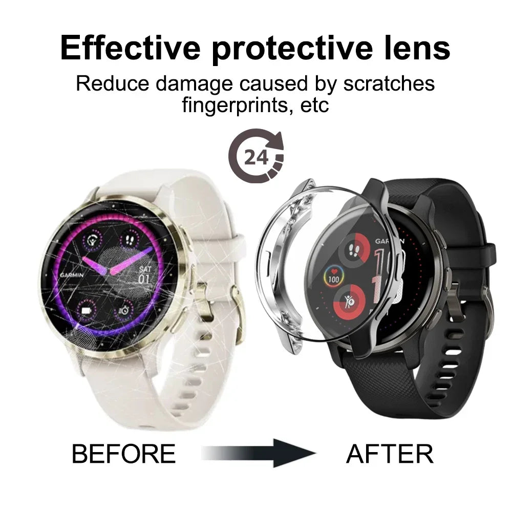AXYON® Tempered Glass and PC Bumper Cases for Garmin Venu 3 smartwatch shown in multiple colors, displaying screen protector and side protection features.