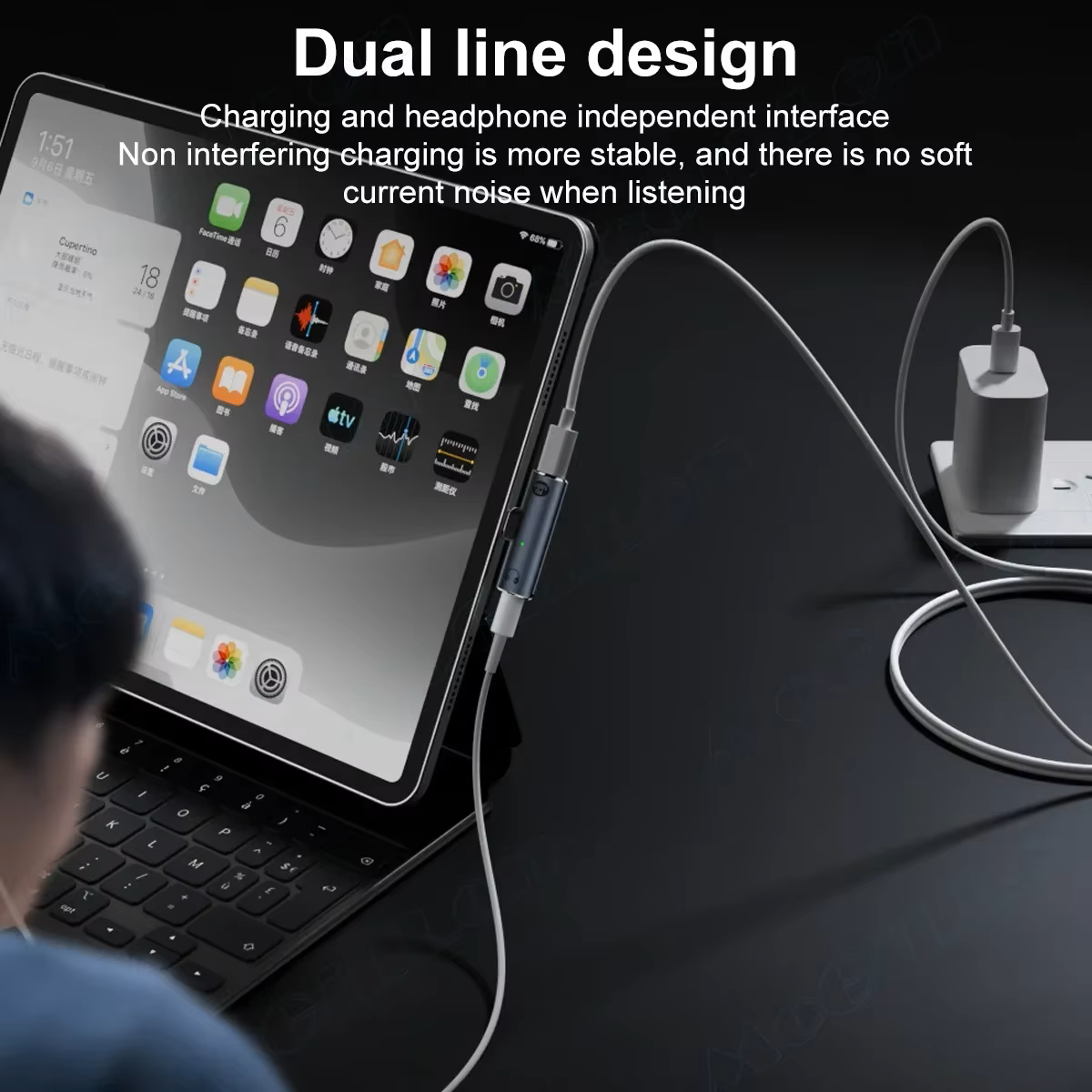 A dual-line charging setup with a tablet on a keyboard case, a white cable running from the tablet to a wall charger, and overlaid marketing text about charging and headphone independence. A person is partially visible from the side, seated at the desk.