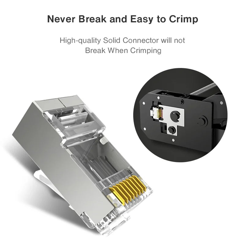 AXYON Cat6 shielded FTP connector demonstrating durable solid construction that never breaks during crimping, shown with pass-through crimp tool for easy professional installation