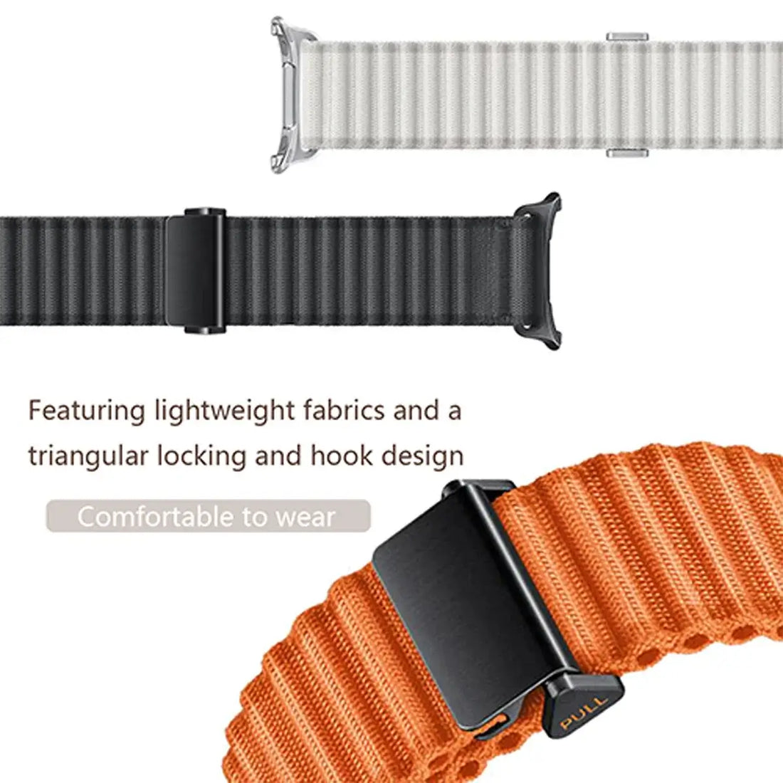 Four watch bands in dark gray, white, green, and orange with text indicating compatibility for Apple Watch and material details.
