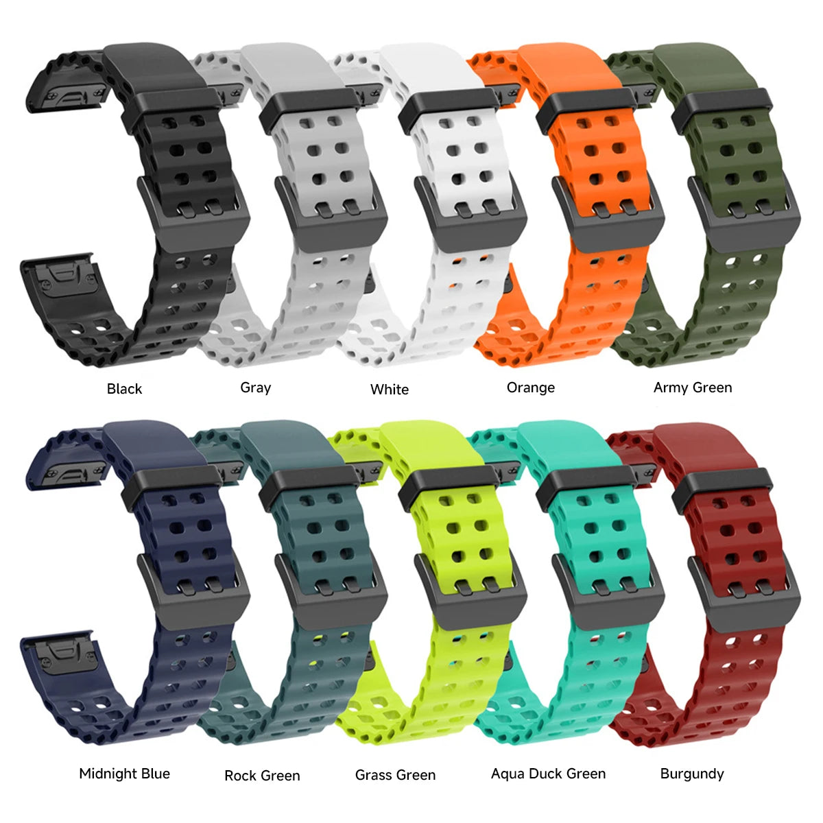 Set of colorful watch bands with labeled colors on a white background