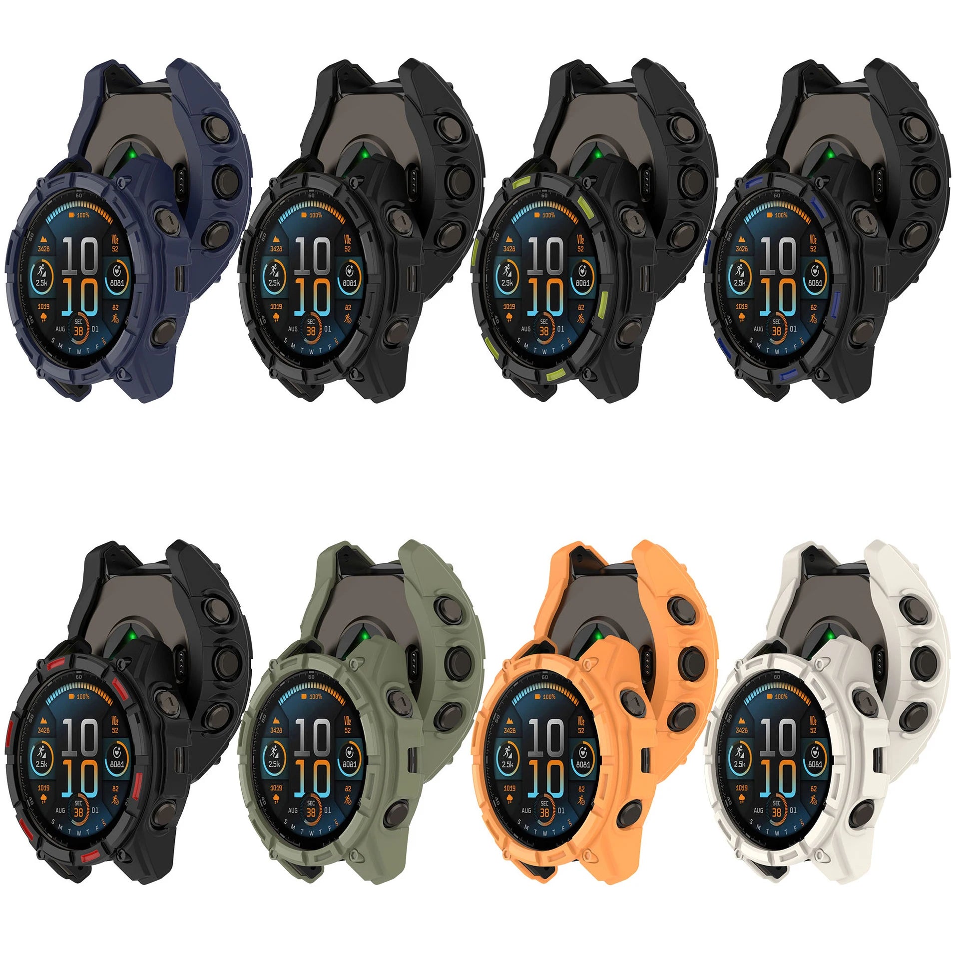 Collection of digital watches in various colors on a white background