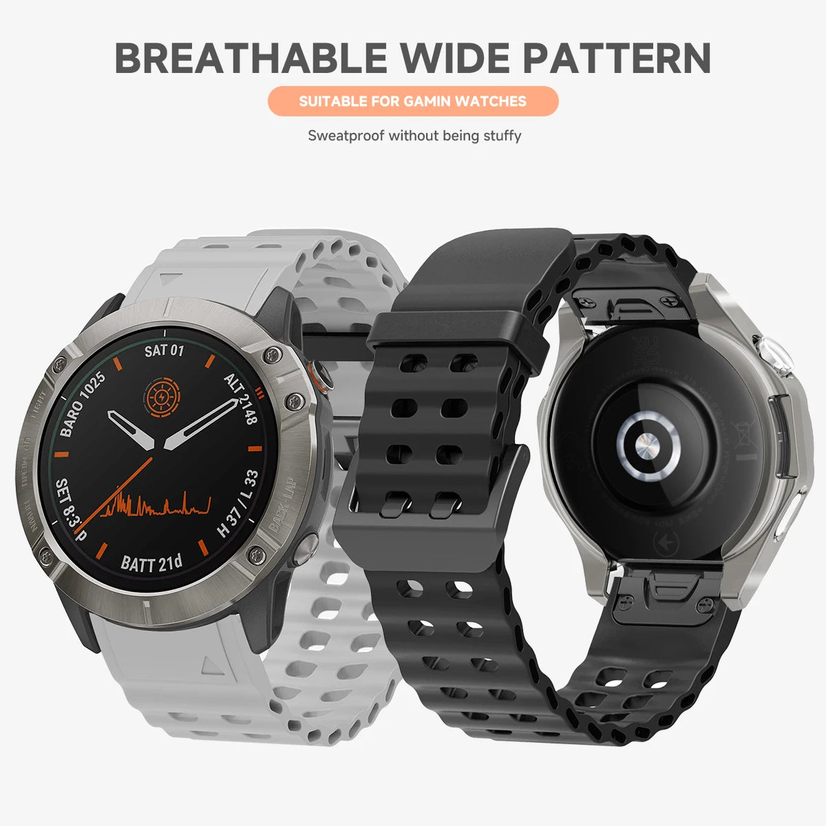 Two smartwatches with different band patterns on a white background