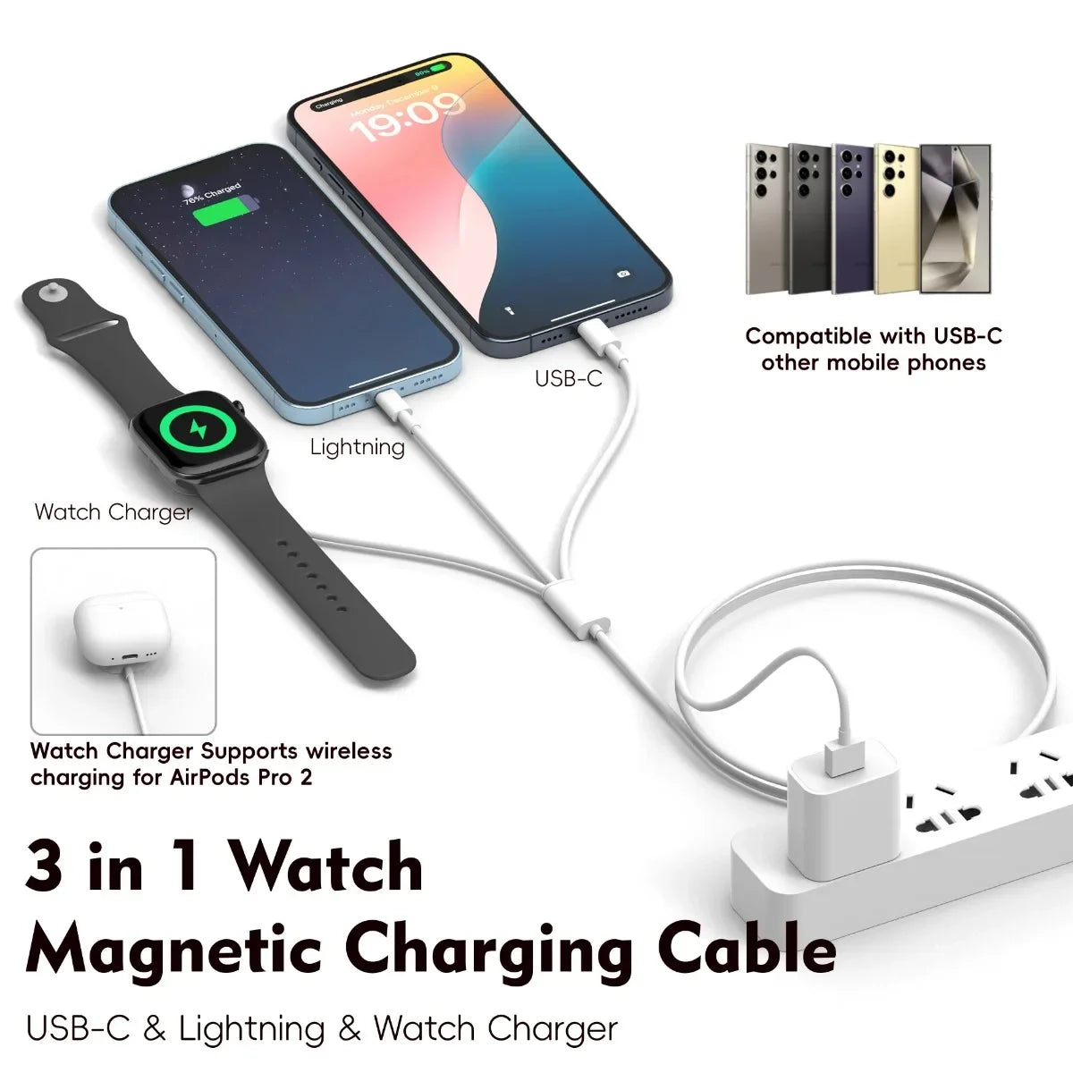 3-in-1 magnetic charging cable with smartphone, smartwatch, and AirPods Pro 2 on a white background.