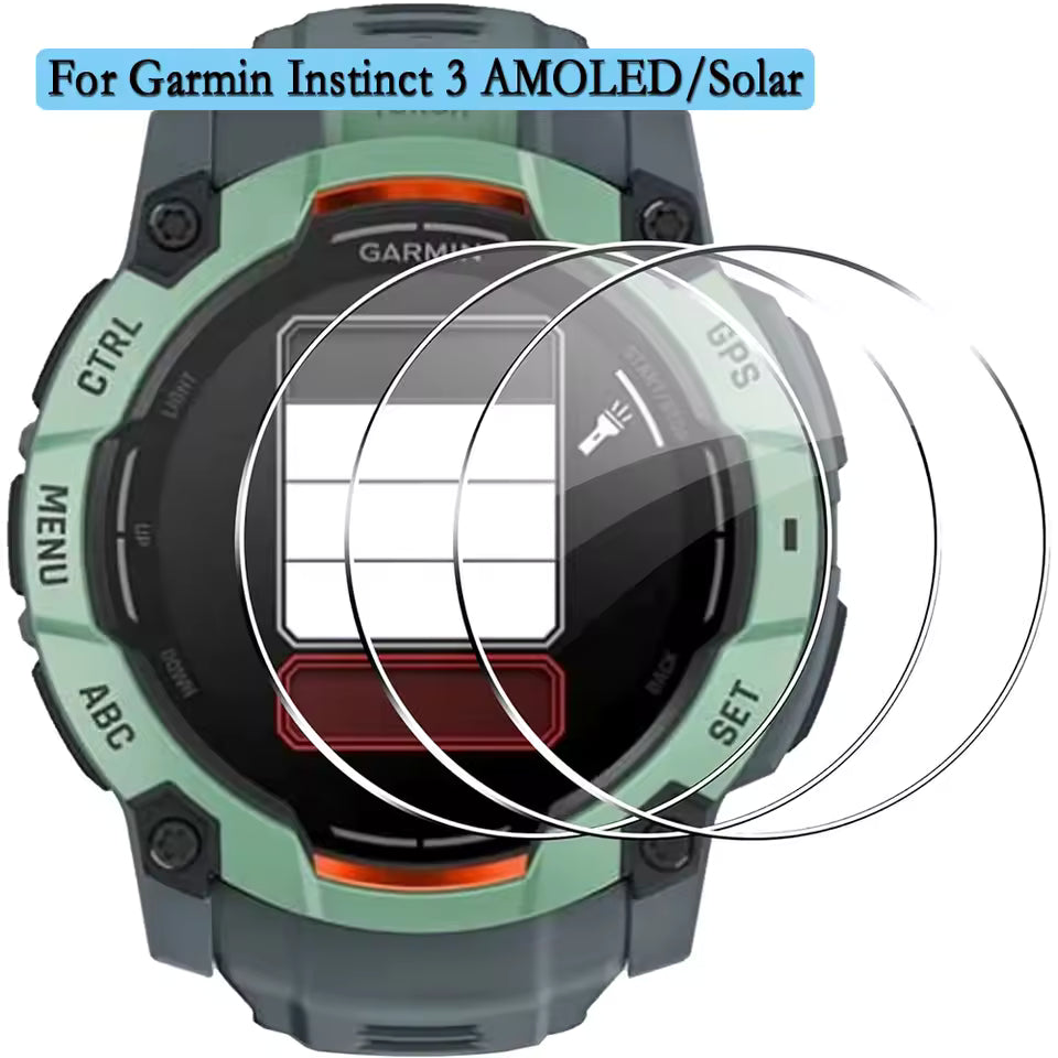 Garmin Instinct 3 Tempered Glass Screen Protector – Showcase with 3 glass pieces, compatible with 45mm and 50mm AMOLED/Solar models