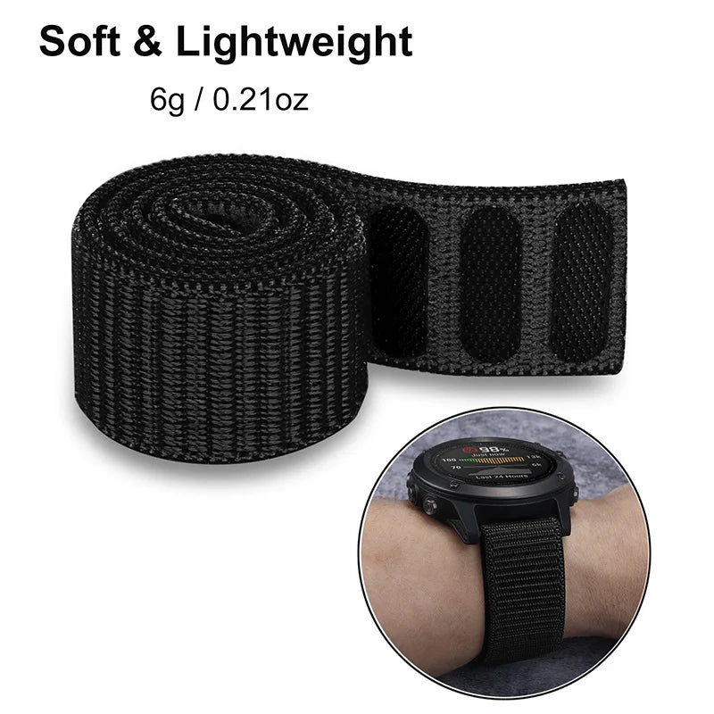 Black woven strap with text indicating softness, light weight, and size.
