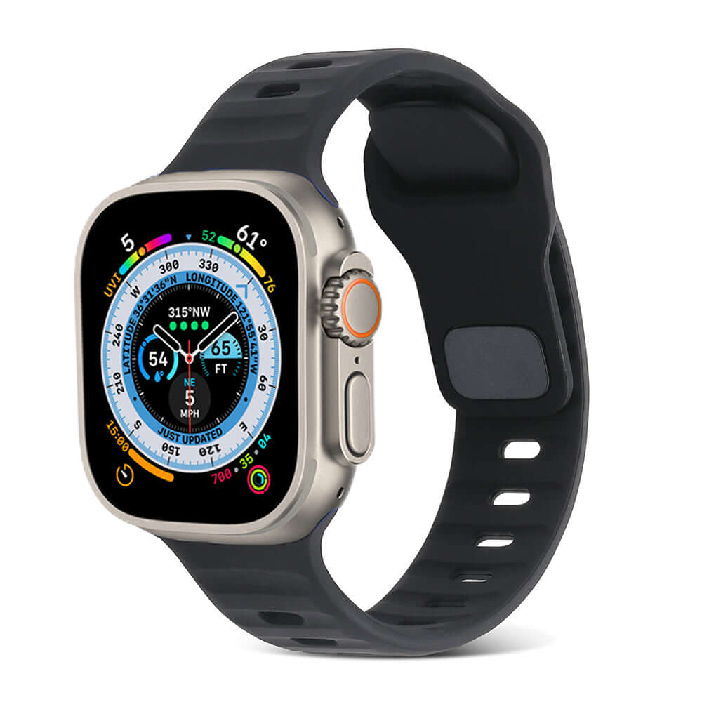 Black AXYON® Sport Silicone Band for Apple Watch with pin‑and‑tuck closure.