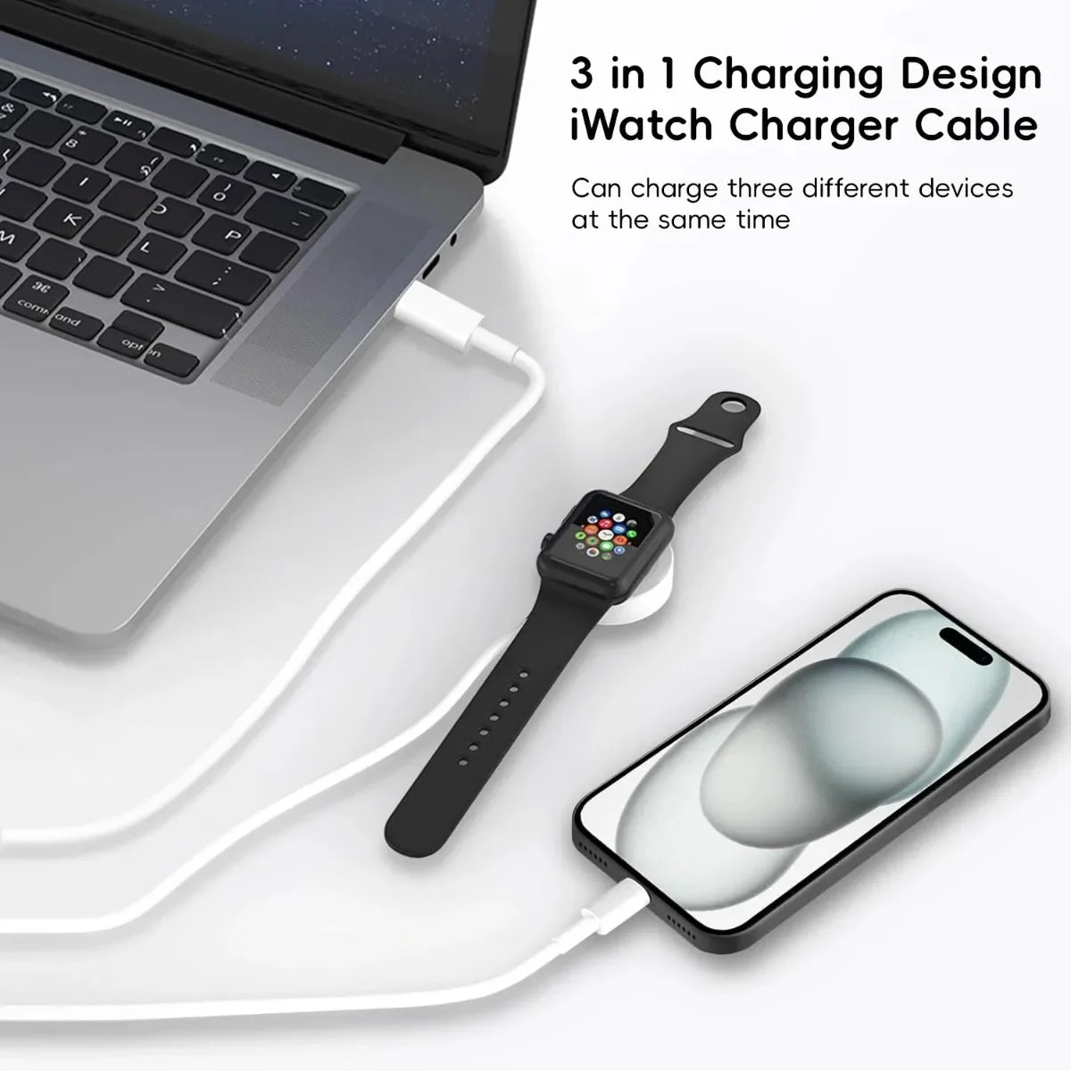 3-in-1 charging cable connected to a laptop, smartwatch, and smartphone on a white background.