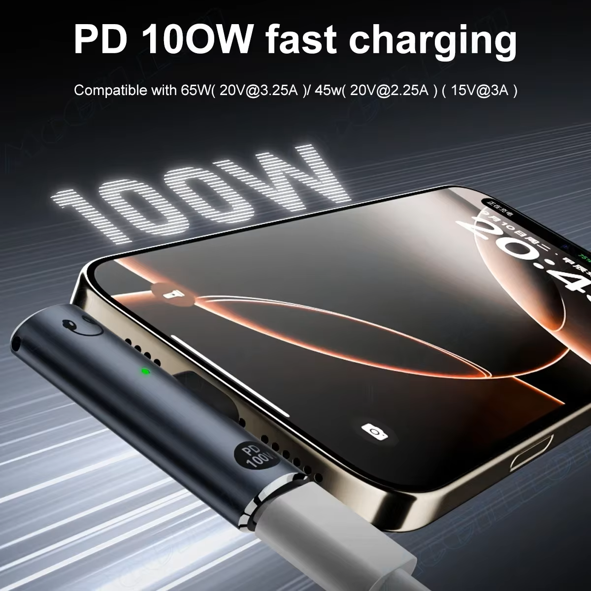 Smartphone with a charging cable on a dark background, highlighting 100W fast charging capability.